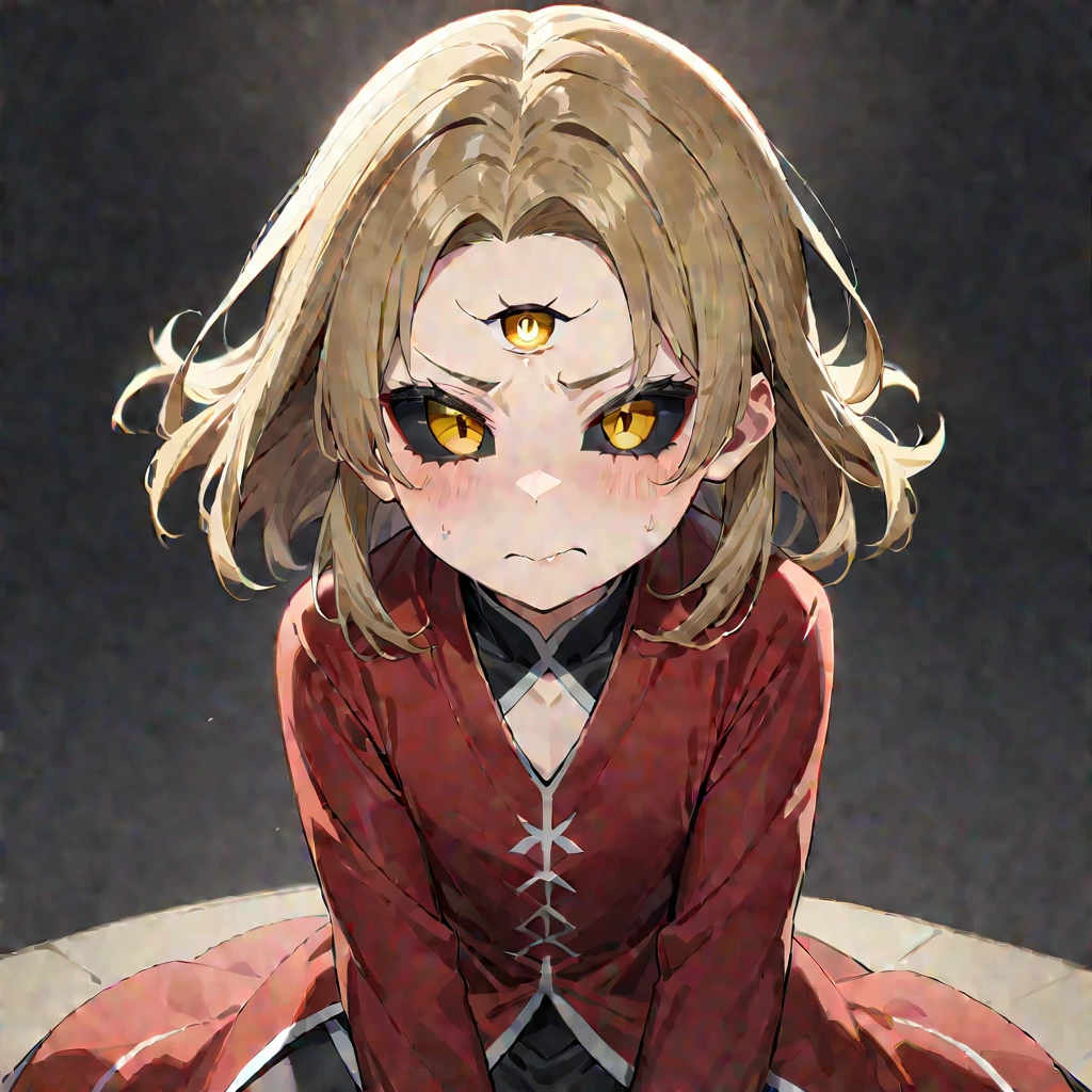 1boy, Isshiki Otsutsuki, from Boruto series, center position, face expression is sinister, wearing black and red robe with white and red circle pattern, with black sclera and yellow iris, yellow third eye on his forehead, background is dark grey, masterpiece, best quality, very aesthetic, absurdres, ((medium quality)), ((medium quality))