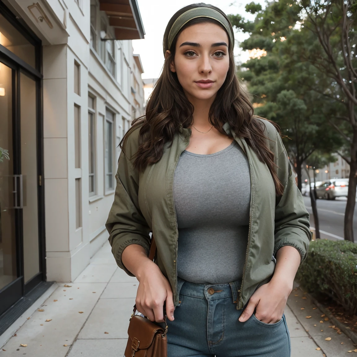 Extremely busty thin and toned brunette photographer, college girl, fair skin, loose side sweep, soft face, athletic, bandana babushka headwrap, tight olive green casual windbreaker, skinny jeans. standing in front of her apartment building, outdoors, city, camera bag, cleavage