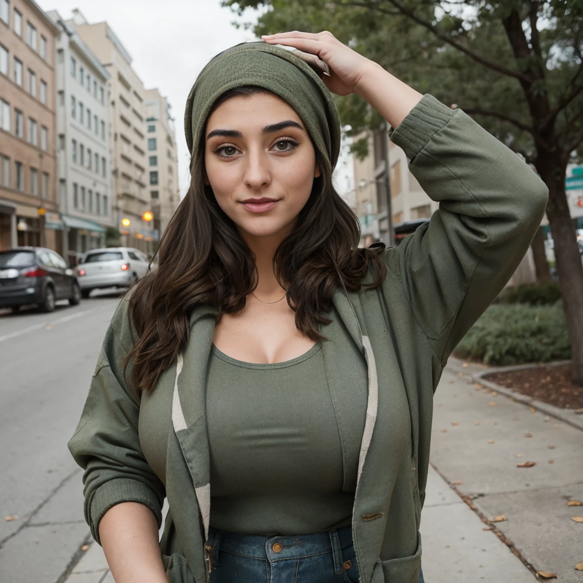 Extremely busty thin and toned brunette photographer, college girl, fair skin, loose side sweep, soft face, athletic, bandana babushka headwrap, tight olive green casual windbreaker, skinny jeans. standing in front of her apartment building, outdoors, city, camera bag, cleavage 