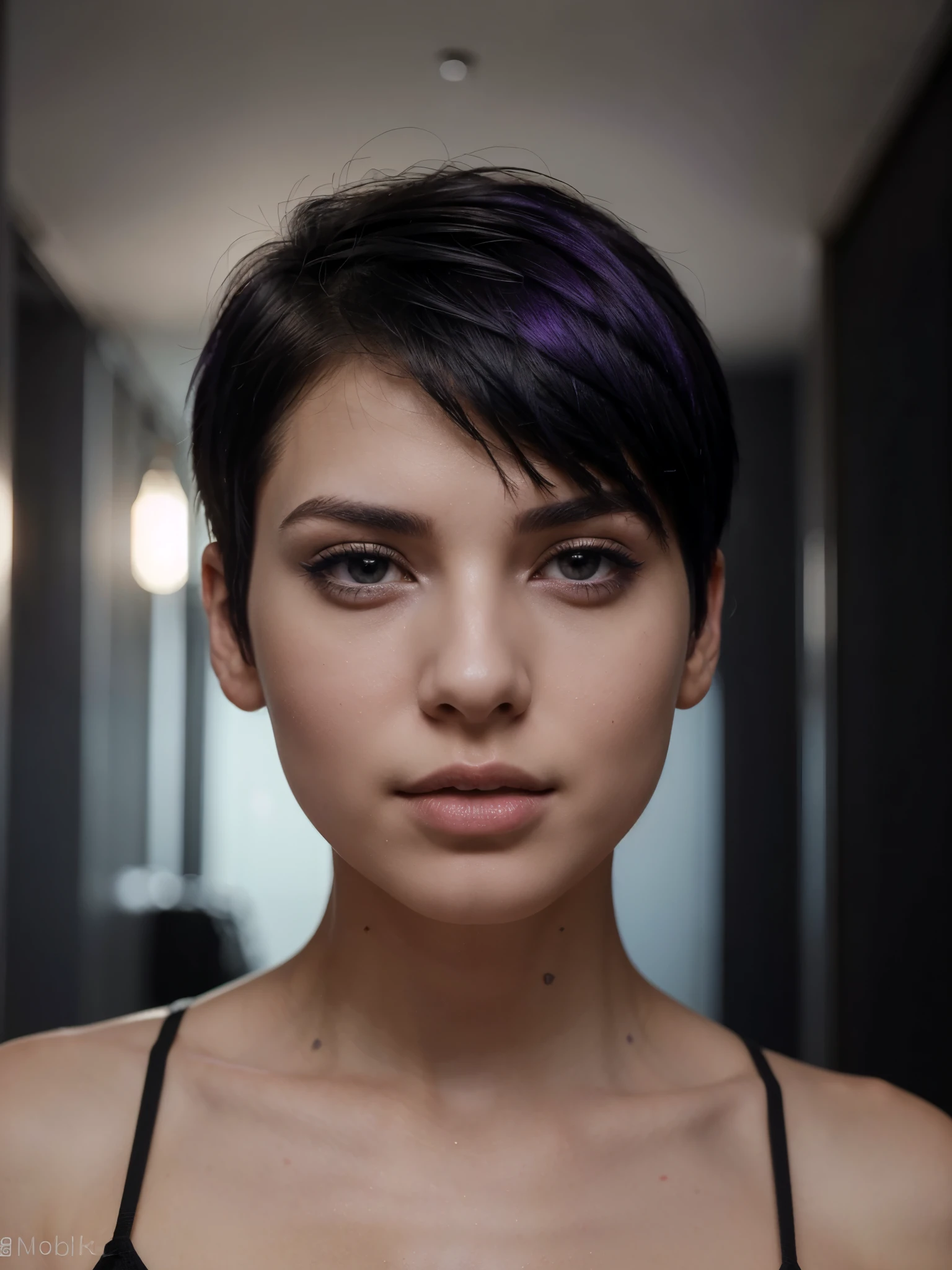 8k, RAW photo, best quality, ultra high resolution, photorealistic, slim girl with black purple short undercut haircut, kiss