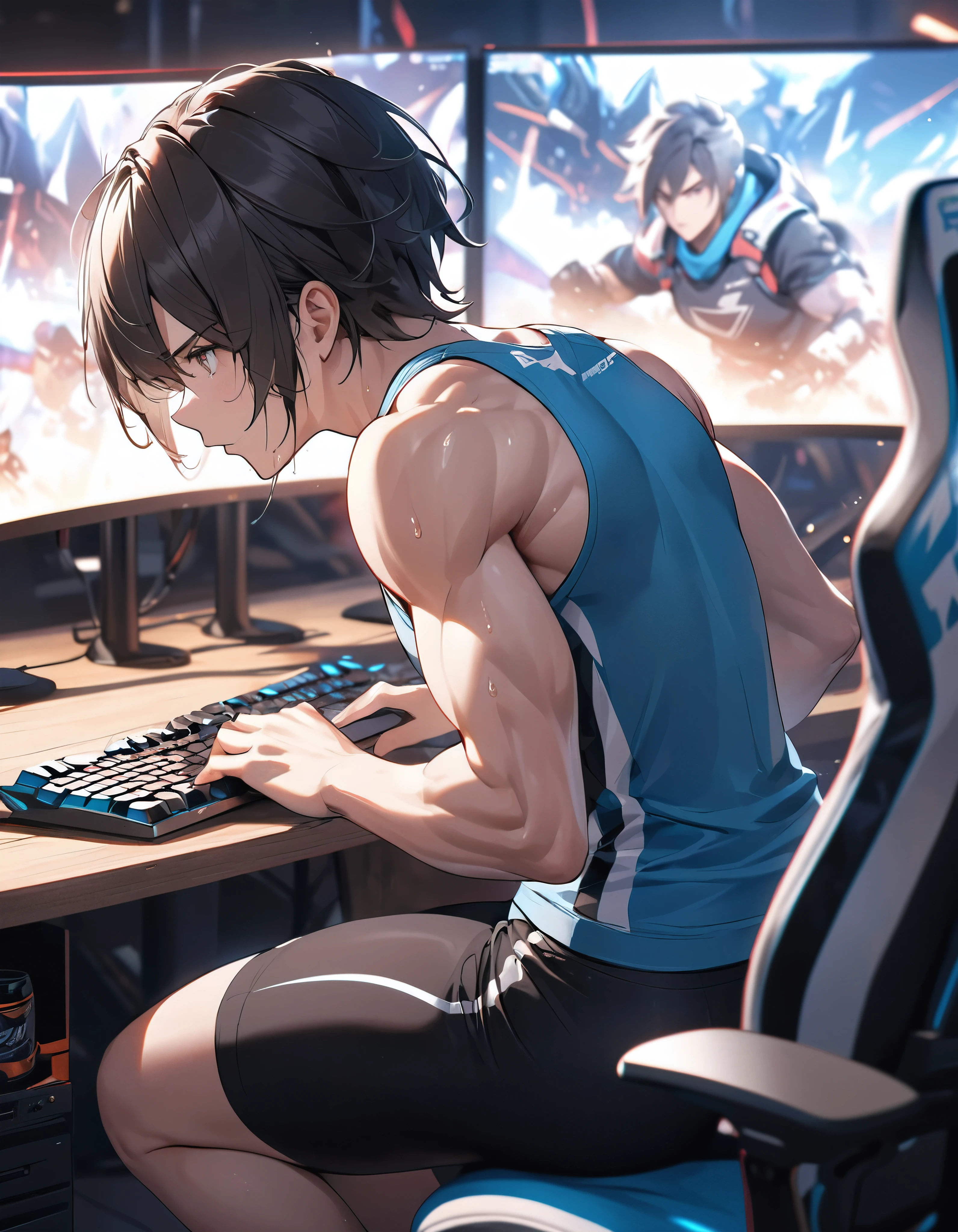 Athletes playing eSports games on PC, BREAK Athlete with perfect athletic physique, Tank top, Short leggings, (Tight fit, Accentuates body lines), Top sports brands, BREAK Playing e-sports while watching a PC screen, Transcendent typing skills, Expressing quick finger movements with motion blur, Aesthetic Sweat, A concentrated and serious look, Anatomically correct, BREAK Intense gameplay, Aesthetic typing experience, 