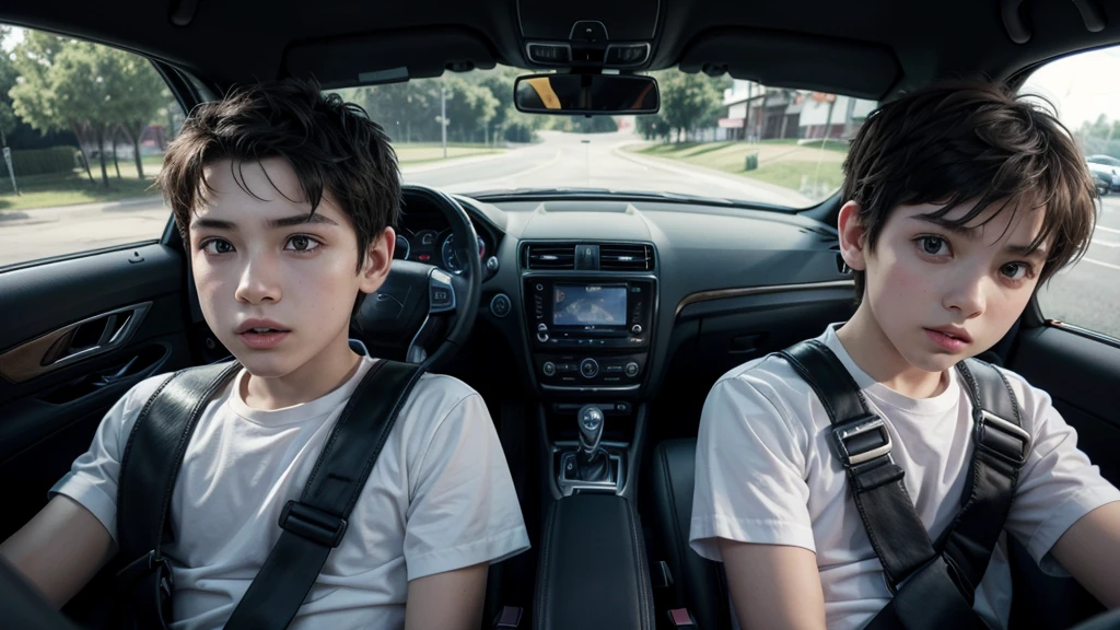Play two boys in a car where one is wearing a seatbelt and the other is not wearing a seatbelt.