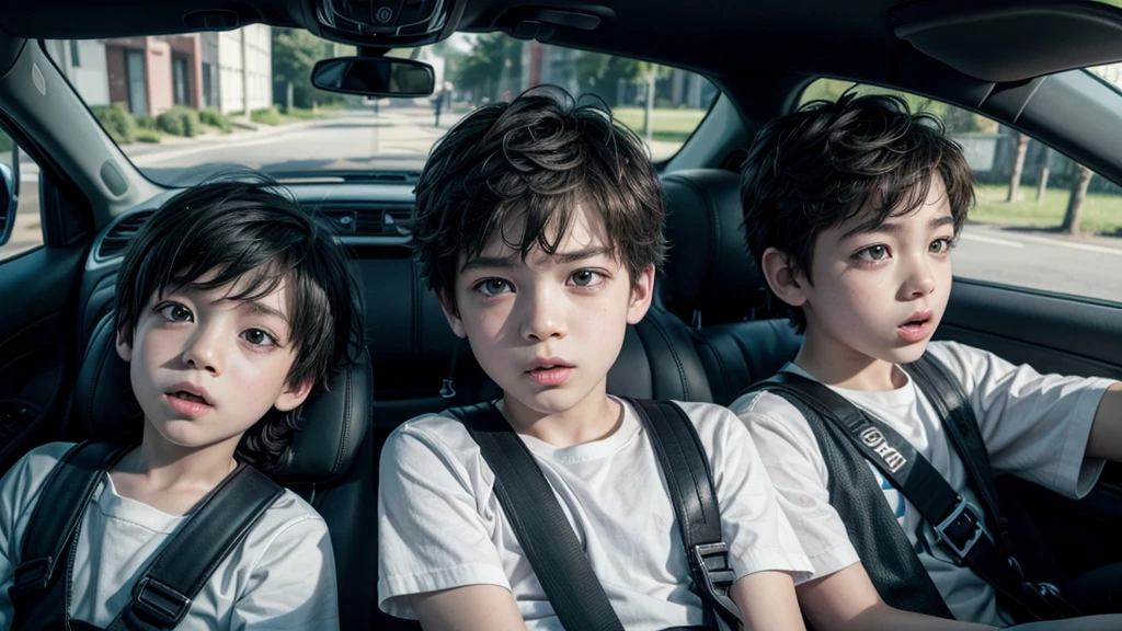 Play two boys in a car where one is wearing a seatbelt and the other is not wearing a seatbelt.