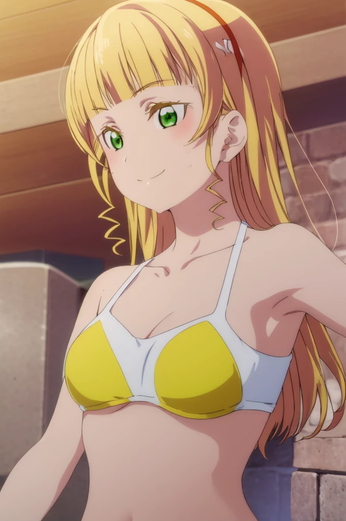 (((pixel-perfect, detail-perfect))), solo, 1girl, sumire heanna, smile, eyes green, hair blonde, sauna, bikini, armpit, big filesize, ultra High Qality