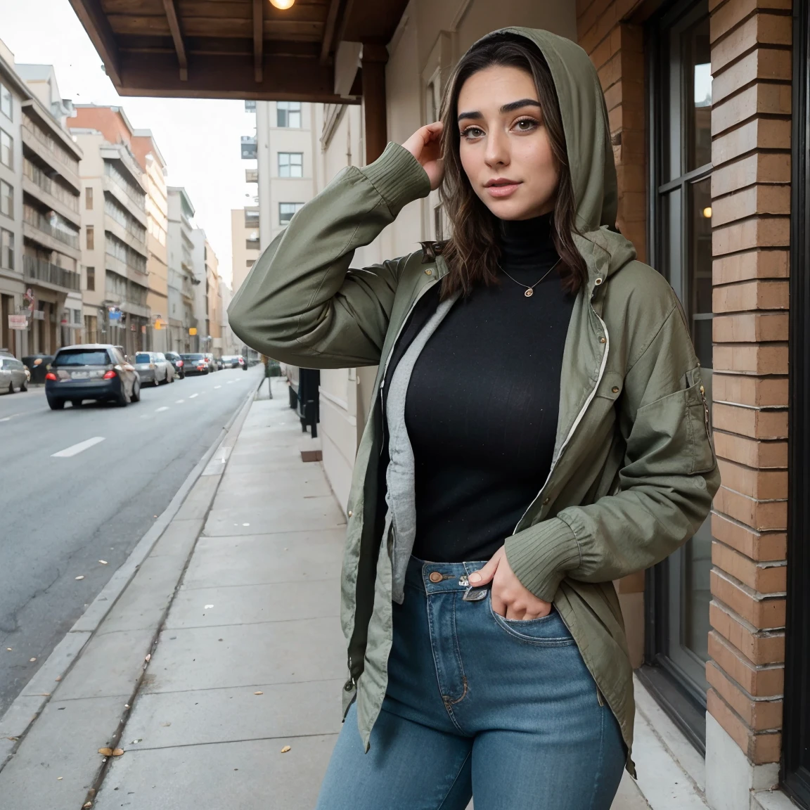 Extremely busty thin and toned brunette photographer, college girl, fair skin, loose side sweep, soft face, athletic, bandana babushka headwrap, tight olive green casual windbreaker, skinny jeans. standing in front of her apartment building, outdoors, city, camera bag, cleavage