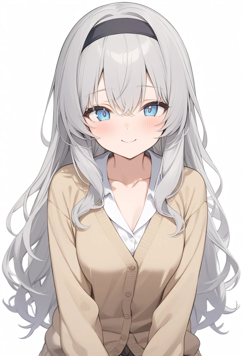 Simple Background,masterpiece,Highest quality,female,smile,Wavy long hair,Gray Hair,Cute eyes,水色のCute eyes,cardigan、Black headband、