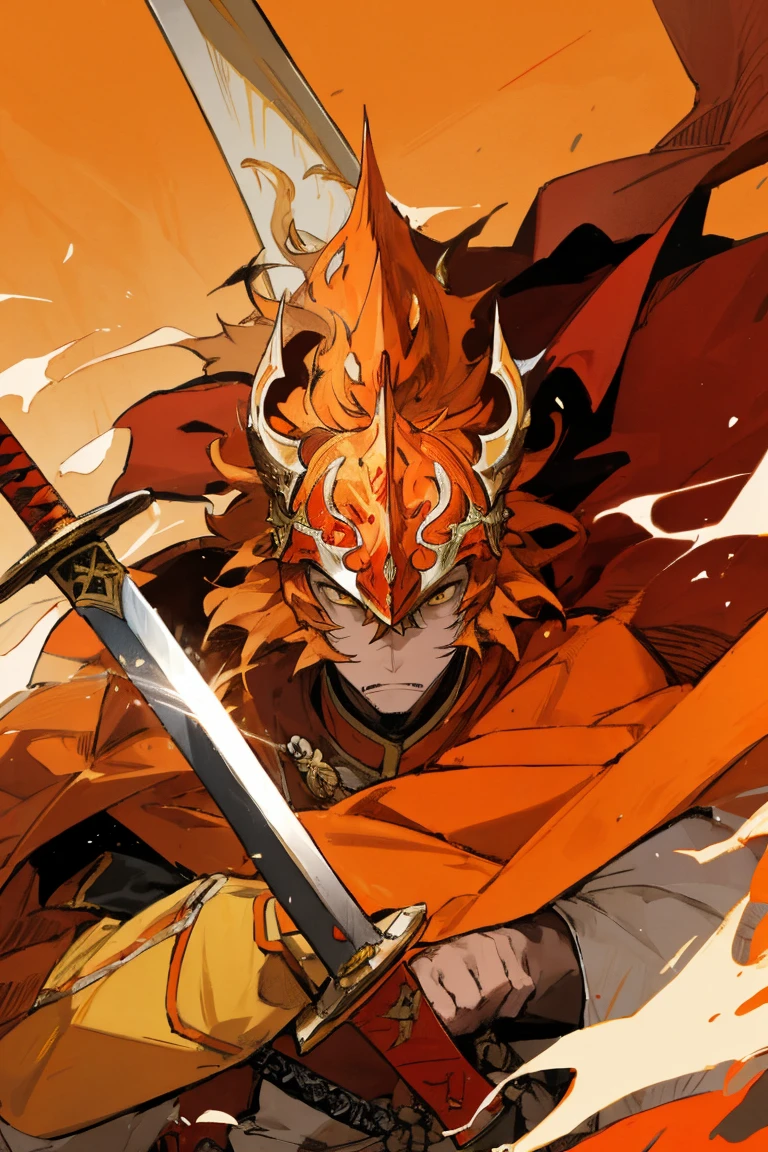 anime,One man,Fantasy,whole body,Red Knight,Yellow decoration,Orange pattern,Lion design,Full-face helmet,大sword,sword,Cape,Fire