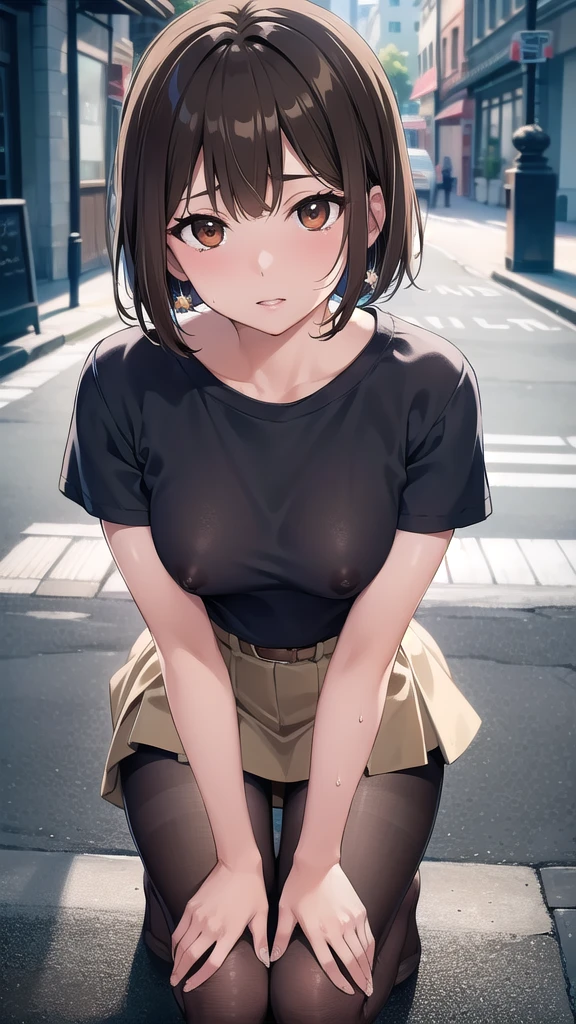 nobarakugisaki, nobara kugisaki, bob cut, (brown eyes:1.7), brown hair, lips, short hair, BREAK belt, brown belt, brown pantyhose,white crop top, crop top overhang,wet crop top,pantyhose, pleated skirt, shirt tucked in, skirt, blue skirt, blue crop top, BREAK looking at viewer,festival, BREAK (masterpiece:1.2), best quality, high resolution, unity 8k wallpaper, (illustration:0.8), (beautiful detailed eyes:1.6), extremely detailed face, perfect lighting, extremely detailed CG, (perfect hands, perfect anatomy),street,night,wet road, from above,bend over,on knees,nipples.