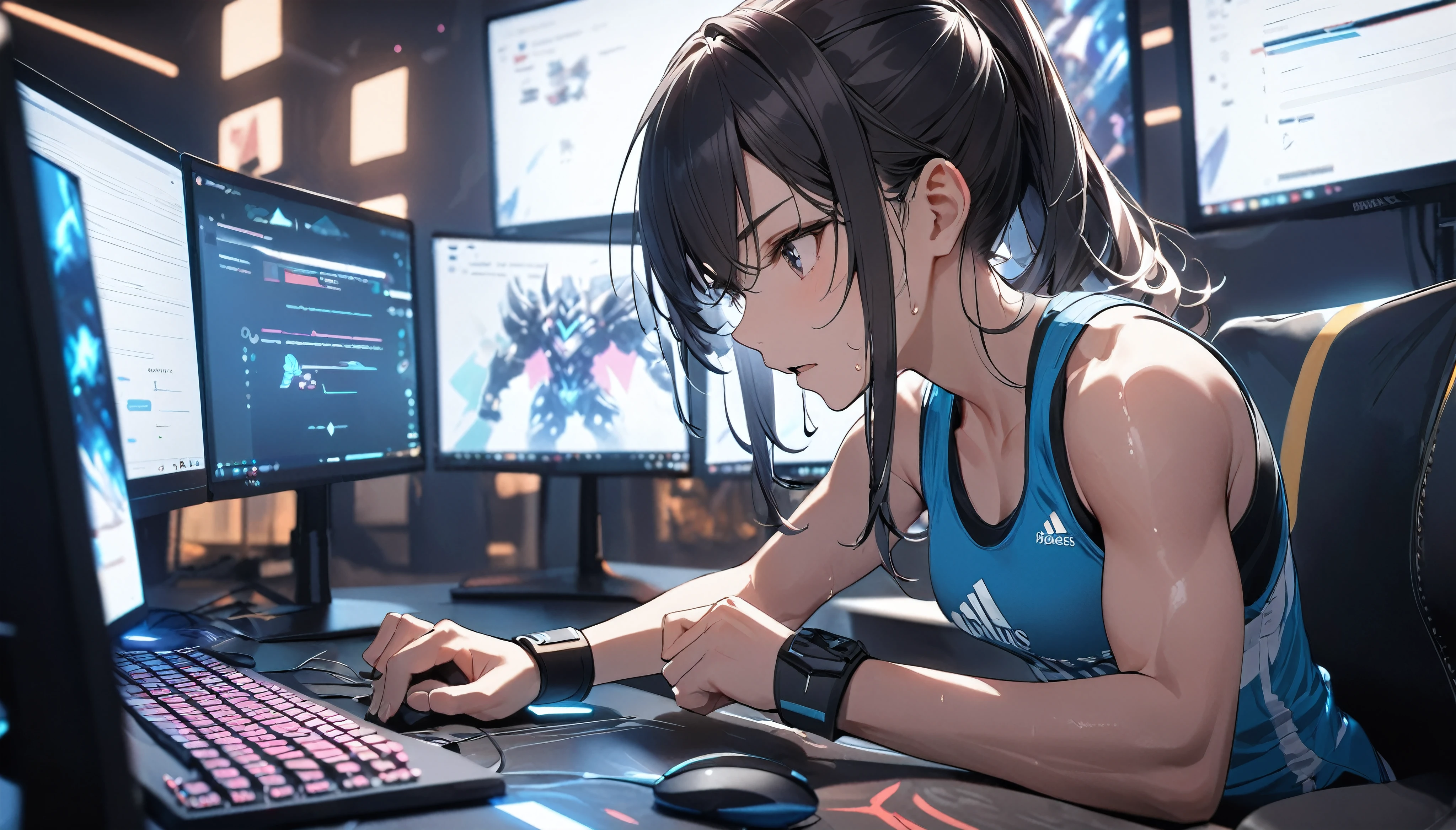 Athletes playing eSports games on PC, BREAK Athlete with perfect athletic physique, Tank top, Short leggings, (Tight fit, Accentuates body lines), Top sports brands, BREAK Playing e-sports while watching a PC screen, Transcendent typing skills, Expressing quick finger movements with motion blur, Aesthetic Sweat, A concentrated and serious look, Anatomically correct, BREAK Intense gameplay, Aesthetic typing experience, 