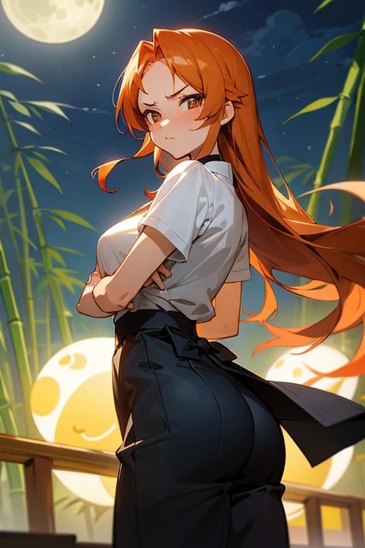 anime style, super fine illustration, super detailed, ,masterpiece,best quality,beautiful background,8K, On a summer night during Tanabata,Bamboo leaf,Beautiful Moon,Break perfect face,perfect hands,perfect fingers,(brasched face:1.3),Orihime,Blushing,Tsundere,looking at the camera,Cross your arms,angry face,ass pov,Orange Hair,standing attention