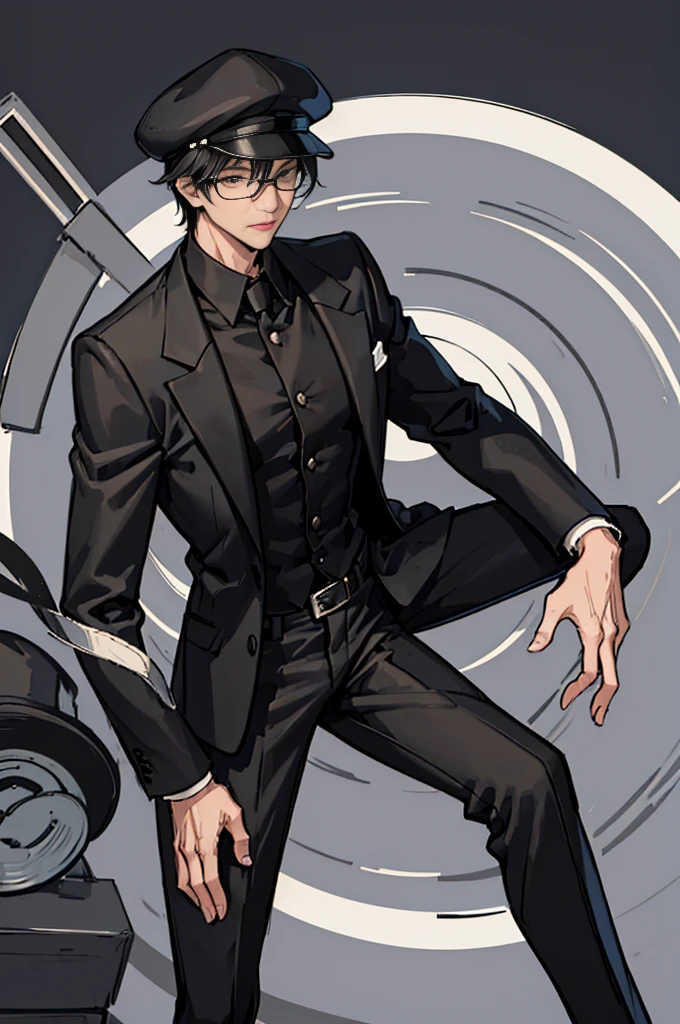 Young man, black shorts hair, eyes gray, glasses, black Fedora hat, black suit, black pants, pocket clock, strong