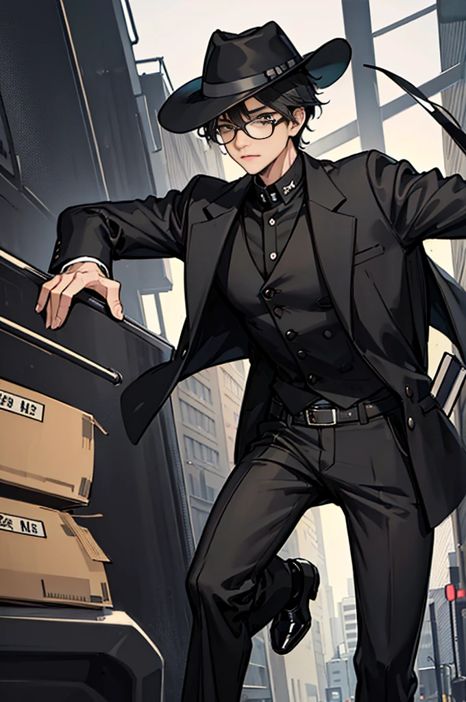 Young man, black shorts hair, eyes gray, glasses, black Fedora hat, black suit, black pants, pocket clock, strong