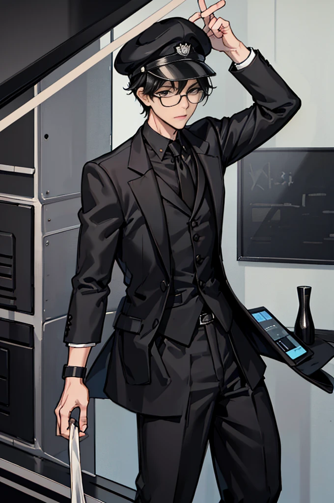 Young man, black shorts hair, eyes gray, glasses, black Fedora hat, black suit, black pants, pocket clock, strong