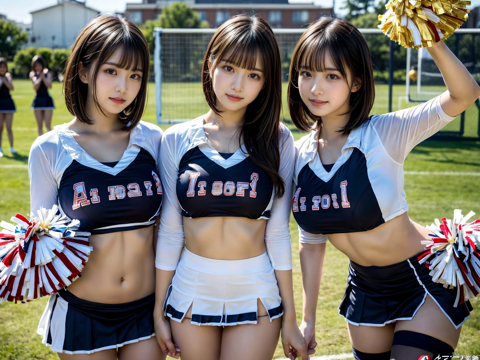 (RAW photo, 4k, masterpiece, high resolution, extremely complex) (realistic: 1.4), cinematic lighting
((2 girls, 2 schoolgirls)),blushing,((innocent)),bright eyes,round eyes,blunt bangs,(short bob hair:1.3),black hair,large breasts,wide hips,Summer Noon, ,Hot, (Best Quality), (Highres), (an Extremely Delicate and Beautiful),(Beautiful 8k face),(Brown eyes),( spectators),(gigantic breasts),(Play with each other,Touching each other's bodies,Touching the body),(cheer girl:1.5),(a miniskirt),(reality),bright lighting,(The background is a luxury hotel room)