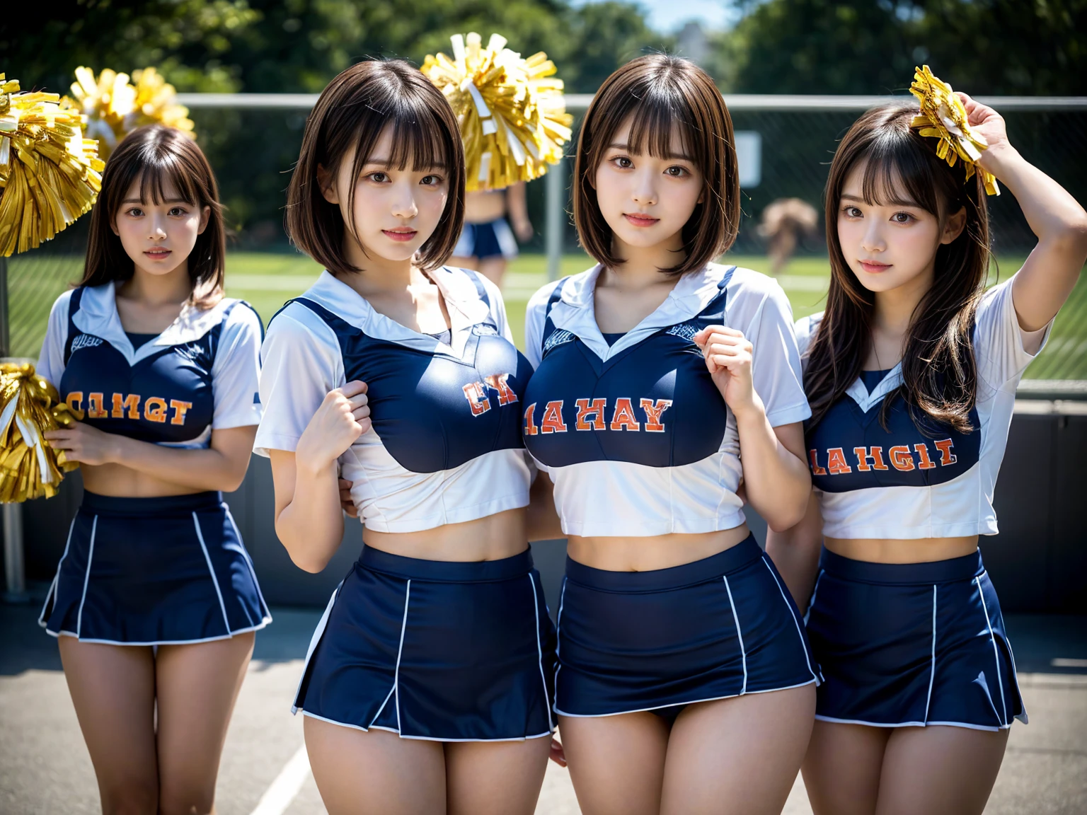 (RAW photo, 4k, masterpiece, high resolution, extremely complex) (realistic: 1.4), cinematic lighting
((2 girls, 2 schoolgirls)),blushing,((innocent)),bright eyes,round eyes,blunt bangs,(short bob hair:1.3),black hair,large breasts,wide hips,Summer Noon, ,Hot, (Best Quality), (Highres), (an Extremely Delicate and Beautiful),(Beautiful 8k face),(Brown eyes),( spectators),(gigantic breasts),(Play with each other,Touching each other's bodies,Touching the body),(cheer girl:1.5),(a miniskirt),(reality),bright lighting,(The background is a luxury hotel room)