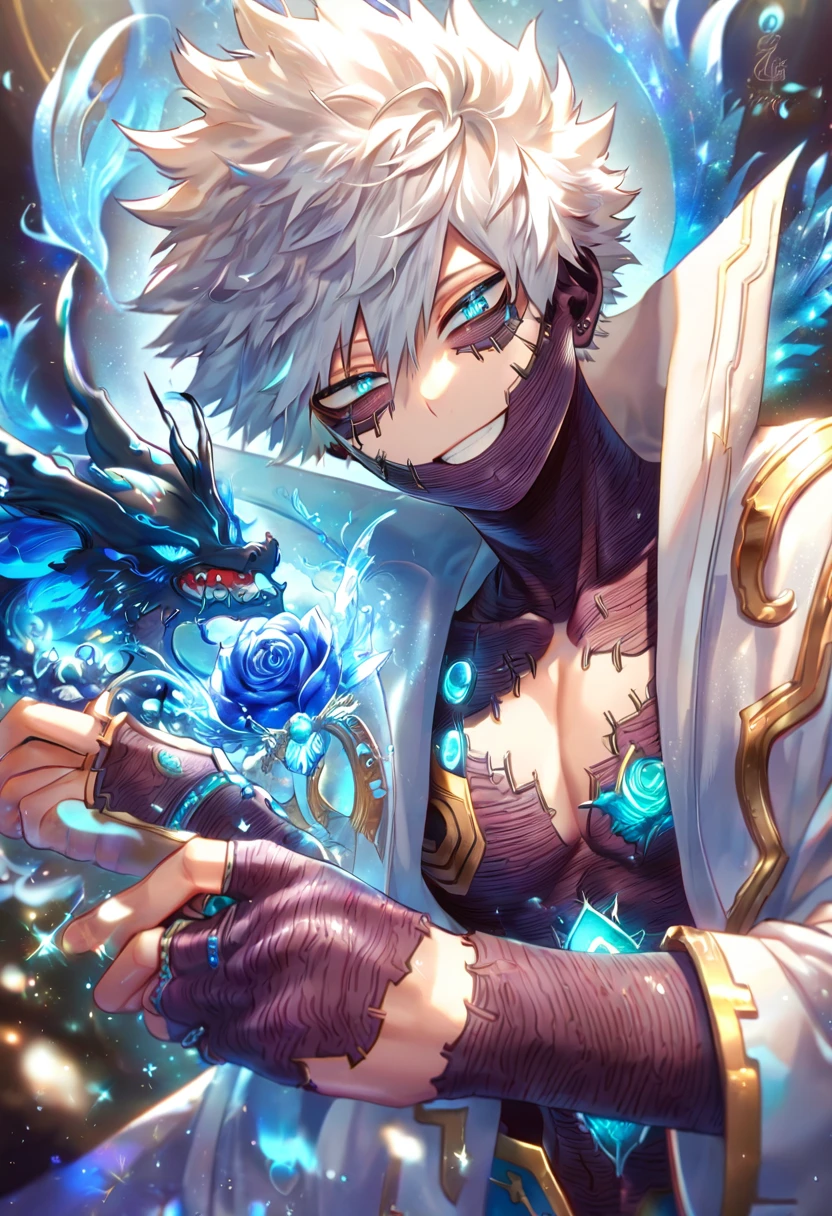 (absurdres, highres, ultra detailed, HDR) master piece, best quality, extremely detailed face, delicated features, Dabi, white hair, expressive turquoise eyes, Boku No Hero Academia, solo, sexy man together with a blue dragon, handsome, smile, white coat, bare chest, magical fantasy, glittering, sparkling, blue roses, radiant, blue sparkling fireflies, blue fire, envy magical, fantasy