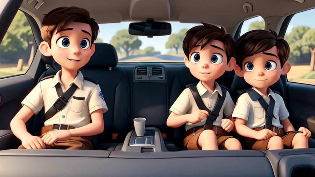 Play two boys in a car where one is wearing a seatbelt and the other is not wearing a seatbelt.