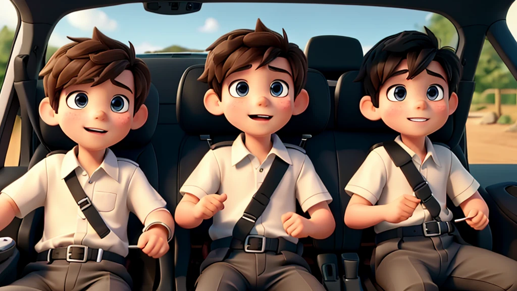 Play two boys in a car where one is wearing a seatbelt and the other is not wearing a seatbelt.