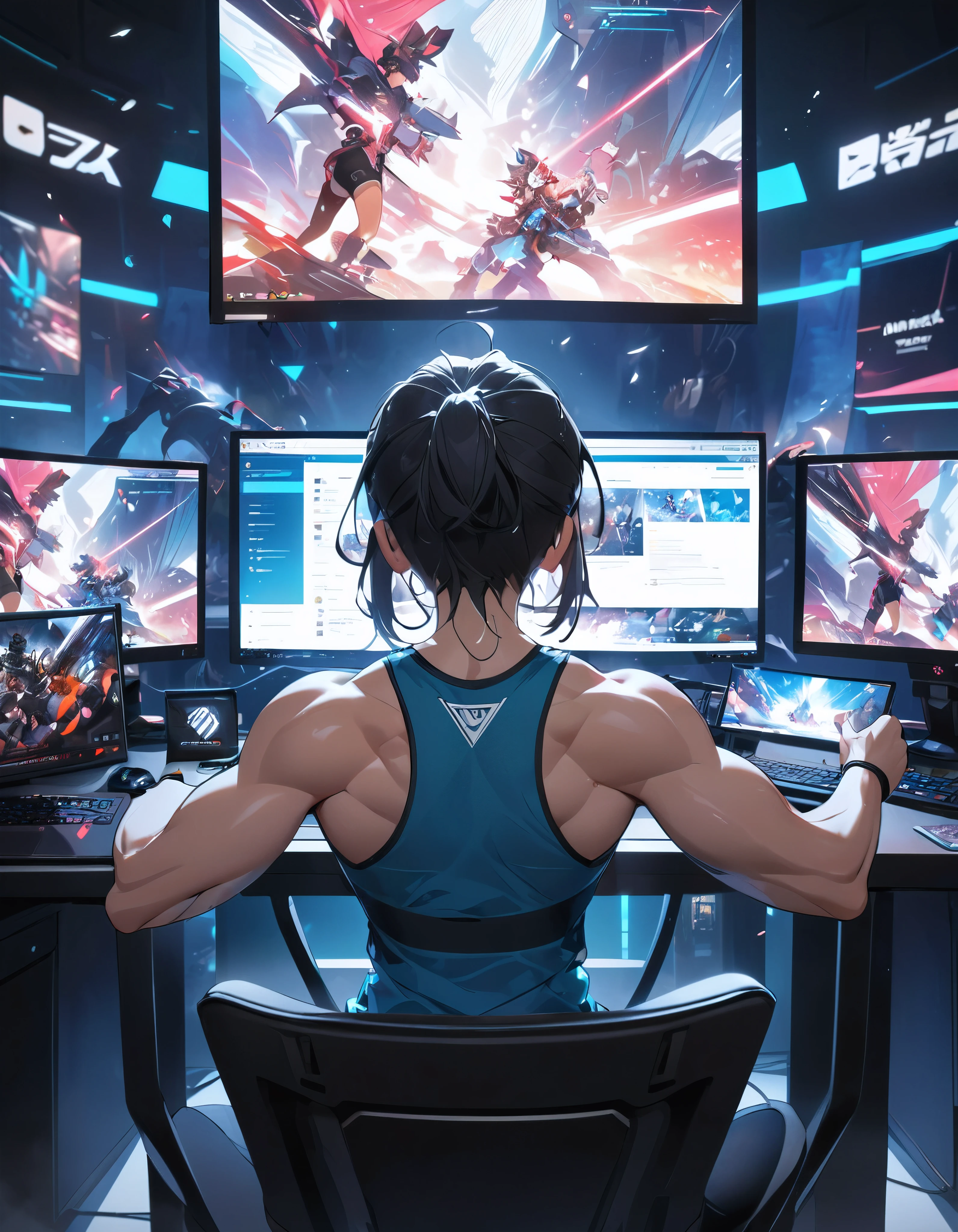 Athletes playing eSports games on PC, BREAK Athlete with perfect athletic physique, Tank top, Short leggings, (Tight fit, Accentuates body lines), Top sports brands, BREAK Playing e-sports while watching a PC screen, Transcendent typing skills, Expressing quick finger movements with motion blur, Aesthetic Sweat, A concentrated and serious look, Anatomically correct, BREAK Intense gameplay, Aesthetic typing experience, 