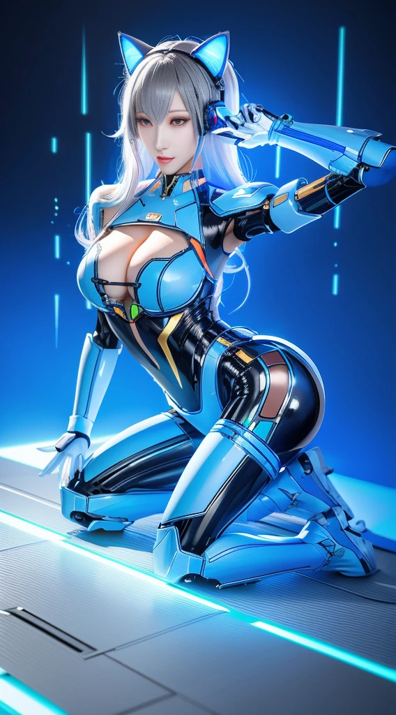 Jay super details, High Detail, high quality, best quality, High resolution,1 female robot,Beautiful female robot,beautiful clear face(Rain waves_haneame:1.5), cat robot,cat ear antenna,Learn how a cat crawls,Mechanical body(Smooth metal surface,armor,Mechanical seams of skin,beautiful body curves),High-tech mechanical armor(Mechanical Technology,Highlight breast contour)