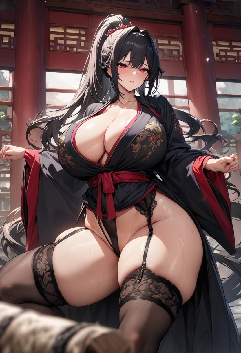 (masterpiece, high resolution, high quality:1.2), Intricate details, Clear focus, Mature female, whole body, Black long hair，High Ponytail，Gorgeous hair accessories, Red Eyes, Embroidered shoes, rad hanfu, martial arts master，Tall, Slender and fleshy thighs，Garter stockings，Thigh straps,huge 、huge breasts，High detail showing chest, Big Ass，超high resolution, Clear focus, Epic Composition, masterpiece, (Highly detailed CG Unity 8k wallpaper)