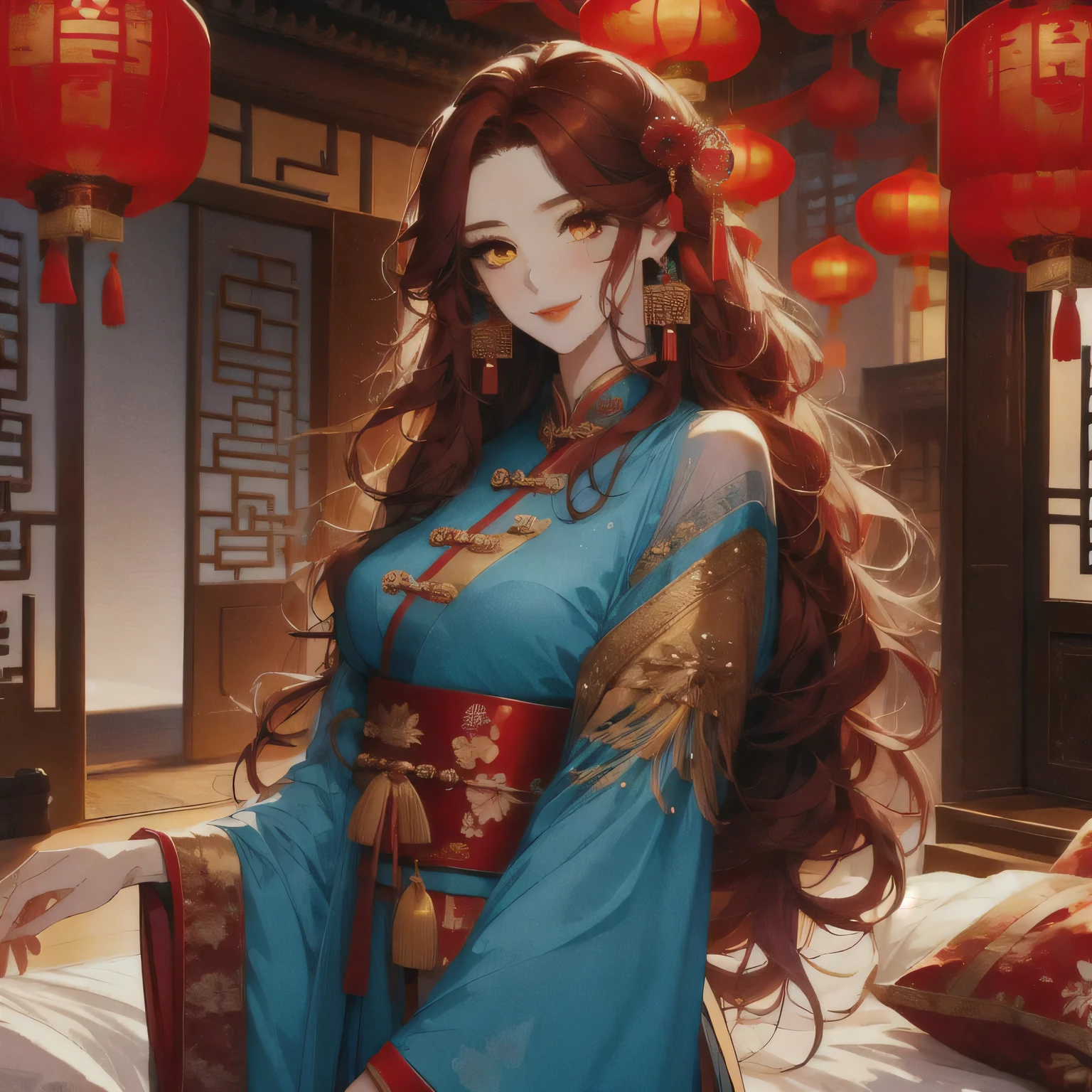 (masterpiece, best quality:1.2), 1women, xian mei, solo, chinese clothes, ultra long skirt, golden eyes, long red curly hair, jewellery, perfect anatomy, chinese traditional room, smile, happy
