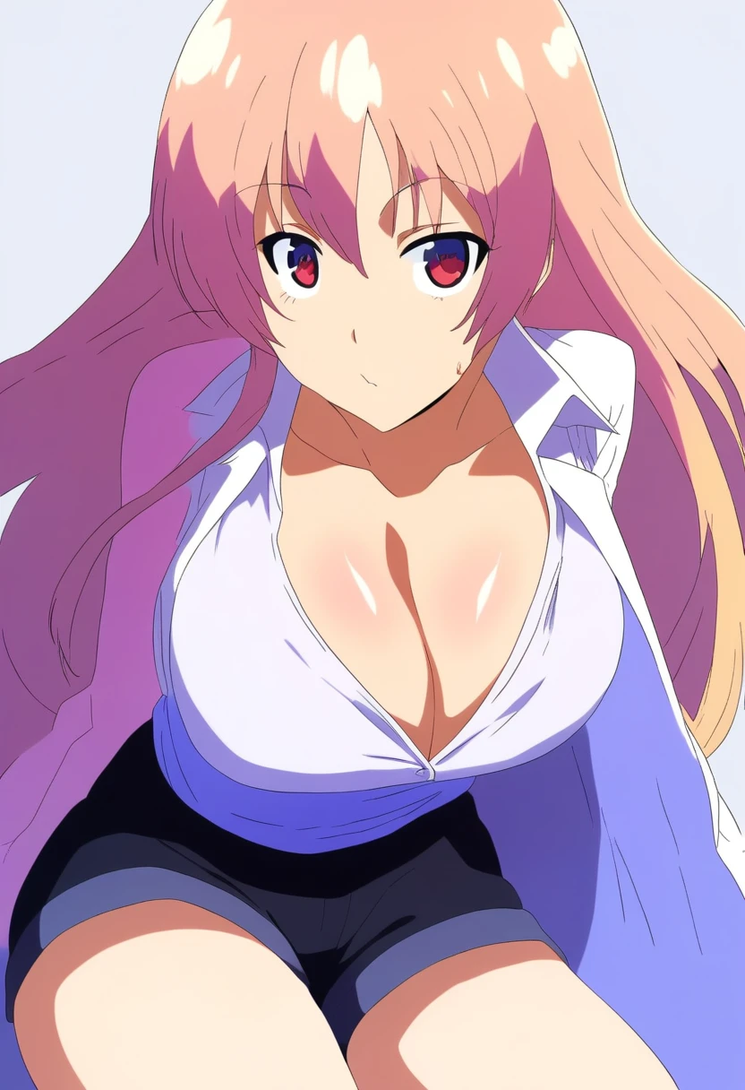 1girl, ultra high res, long hair, shorts, large chest, cleavage