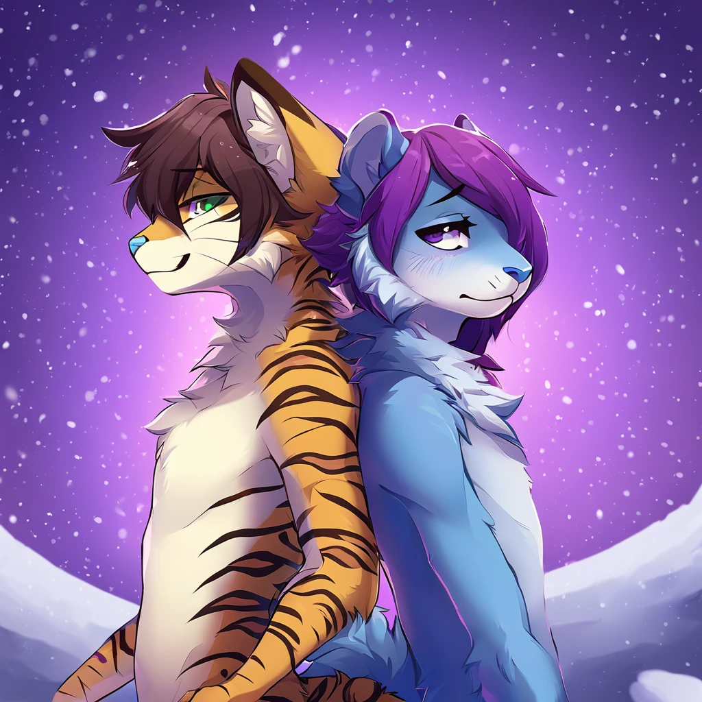 adult, feline, mammal, anthro, anthropomorphic, snow, leopard, cat, striped_feline, fur, furred_anthro, fluffy_tail, femboy, male, bangs, ear_tufts, blue_nose, blue_fingers, hair_tuft, hair_between_eyes, long_tail, fluffy, feline_ears, expressive_eyes, purple_hair, purple_galaxy, purple_galaxy_background, light, looking_at_viewe, blue_fur, shy, small_pupils, spotted_pattern, stripes, tail, tiger_stripes, digital_art, high_resolution, high_res, background shy, head_visible, neck_visible, profile_picture, seductive_face