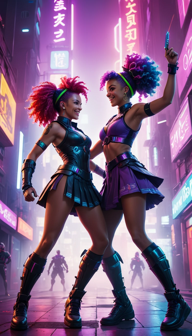 two gladiators fighting, in a cyberpunk city, neon lighting, rainbow hair, curly hair, purple hairband, red eyes, determination, crazy smile, Futurism, backlighting, character graphic, sideways, UHD, masterpiece, 8k