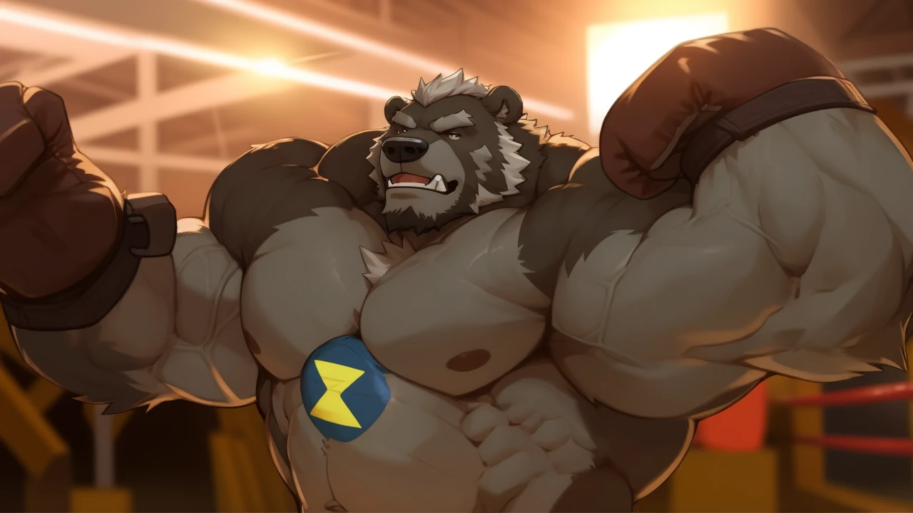 solo, 1boy, Huge Muscular Old Grizzly Bear wearing black boxing belt , black boxing gloves, huge pectoral, thick arms, brown fur, huge pectoral, wide pectoral, short white hair, short pants and shirtless, bearded, gym boxing ring background, masterpiece, semirealistic:1.2, high detailed, 8k, high resolution, punching and blocking, punching the camera