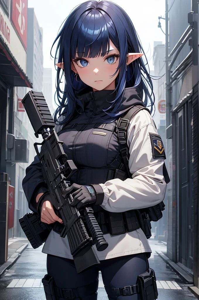 Create a high-quality image featuring an elf girl with dark navy-blue hair and straight-cut bangs. She is a member of a special forces police unit. She has a large red earring on her right ear and is holding an assault rifle. The background should feature a city inside a dome, with a black armored vehicle beside her.