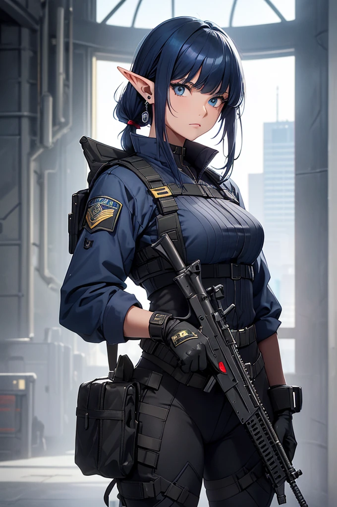 Create a high-quality image featuring an elf girl with dark navy-blue hair and straight-cut bangs. She is a member of a special forces police unit. She has a large red earring on her right ear and is holding an assault rifle. The background should feature a city inside a dome, with a black armored vehicle beside her.