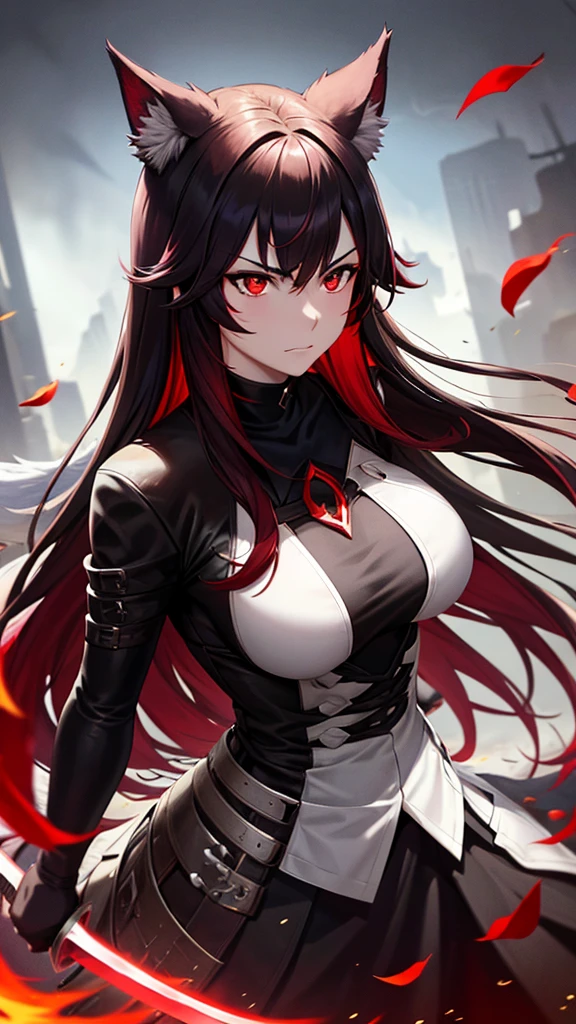 An adult woman, half wolf, black and red ears, ears down, red eyes, black and red hair, wide breasts, white dress, very angry, holding a sword