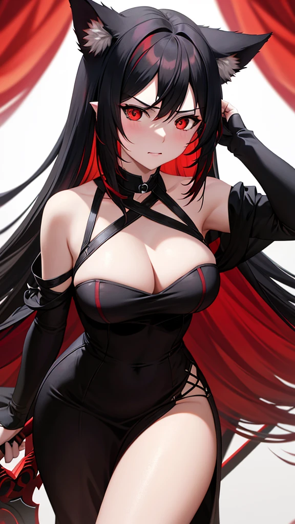 An adult woman, half wolf, black and red ears, ears down, red eyes, black and red hair, wide breasts, white dress, very angry, holding a sword