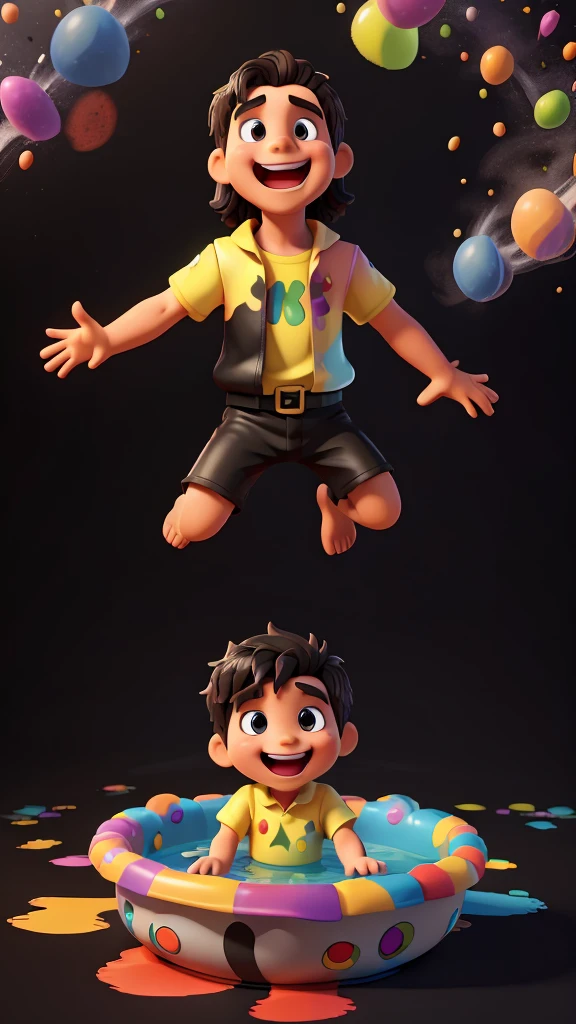 An exuberant 3D representation of (Jesus Christ as child) with an hourglass, clock (period clothing), his expressive eyes shining with joy as he laughs with his mouth open, black background with a large pool of multicolored paint, the background has animation effects. colorful splashes, (((pool of multicolored paint on a black background surrounding the character) )), The black background shines with a pool of paint behind the 3D characters.