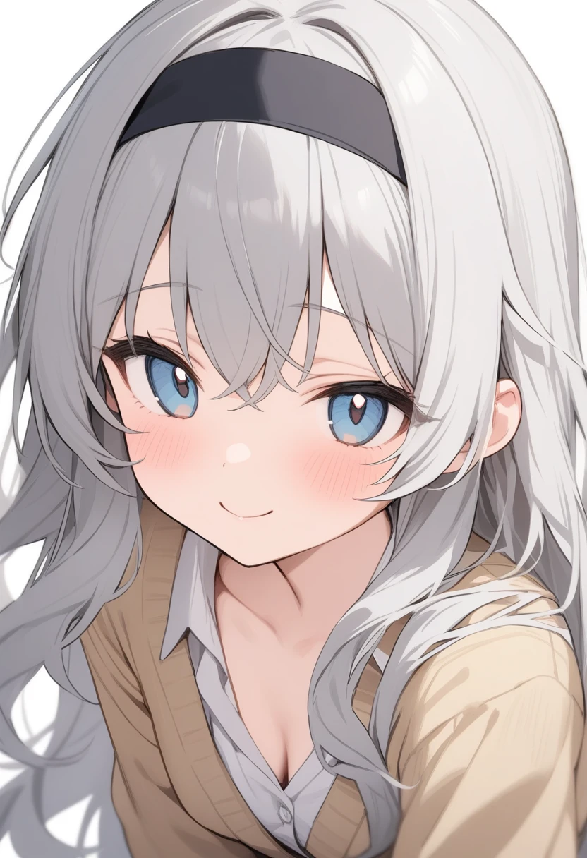 Simple Background,masterpiece,Highest quality,female,smile,Wavy long hair,Gray Hair,Cute eyes,水色のCute eyes,cardigan、Black headband、