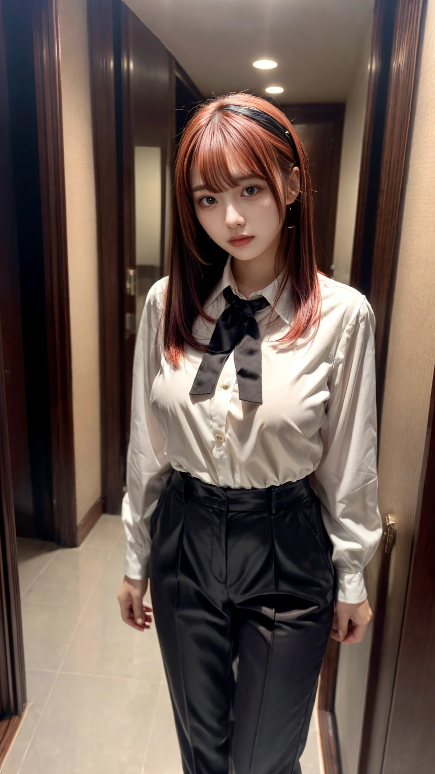 Highest quality、Ultra-high resolution、Professional Lighting、Detailed Background、hotel room、full body,Kobeni-chan、crying a little、25-year-old woman、beautiful girl、(Kobeni-chan、Jet black hair, Black Hair, bangs, One-sided hair,)、(Red Hair Clip:1.1)、(White shirt:1.2)+(Black tie:1.2)+(black long pants for work:1.2)、(Huge breasts that look like they might burst:1.2)、(Big thighs:1.1)、Are standing、Model pose