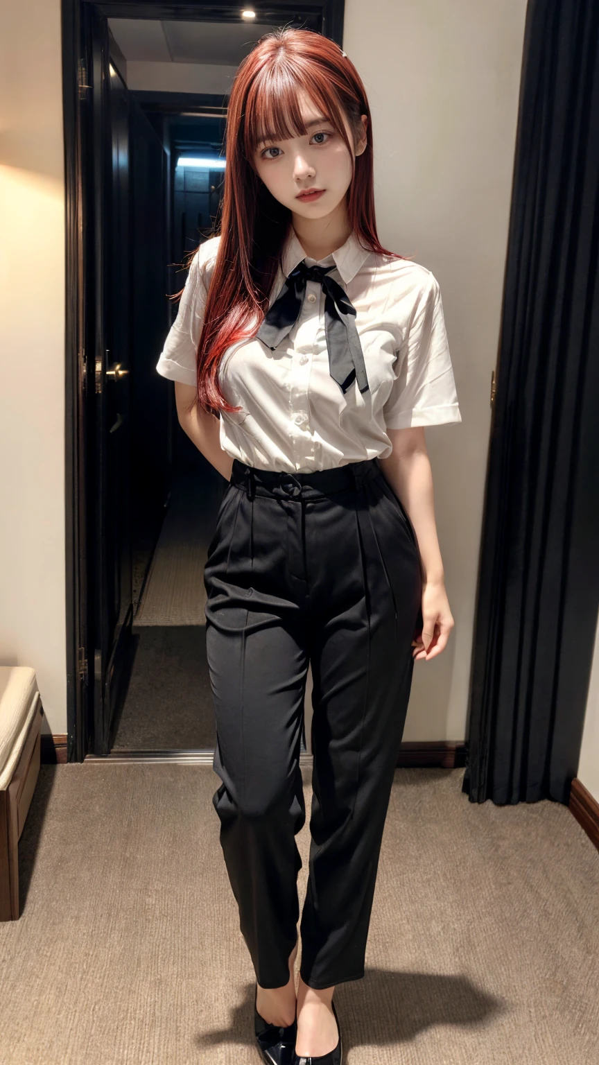 Highest quality、Ultra-high resolution、Professional Lighting、Detailed Background、hotel room、full body,Kobeni-chan、crying a little、25-year-old woman、beautiful girl、(Kobeni-chan、Jet black hair, Black Hair, bangs, One-sided hair,)、(Red Hair Clip:1.1)、(White shirt:1.2)+(Black tie:1.2)+(black long pants for work:1.2)、(Huge breasts that look like they might burst:1.2)、(Big thighs:1.1)、Are standing、Model pose