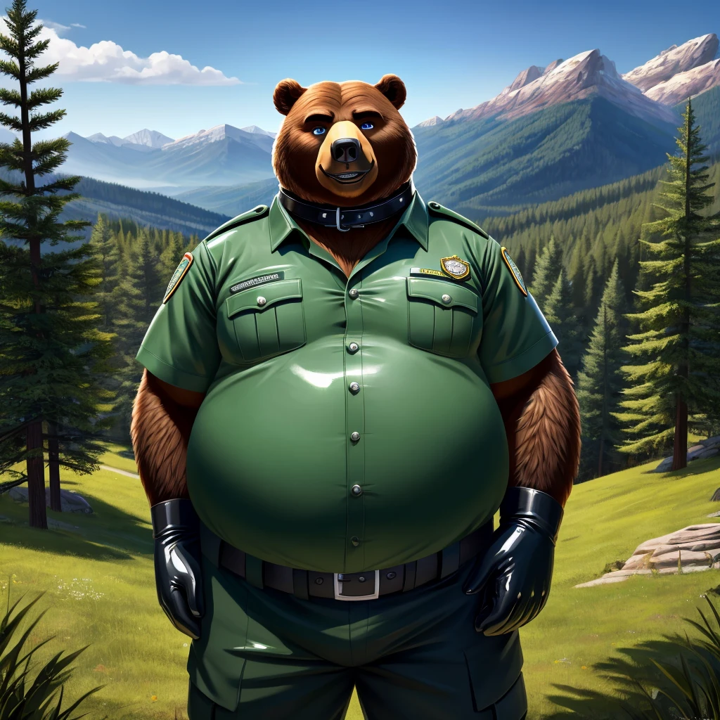 solo, full body, Male, fat, extremely obese, Bear, park ranger, trousers, outdoor, park ranger uniform, collared shirt with buttons, blue eyes, (soft shading), 4k, hi res, ((detailed face, detailed)), looking at viewer, evil grin, Bear is wearing the collared shirt and leather collar at the same time, Bear is wearing a glossy leather dog collar around the neck, Bear is wearing white rubber gloves on the hands, white rubber gloves on the feet, gloves are rubber in texture, leather collar is shiny, leather collar is extremely detailed, rubber gloves are glossy, Evergreen pine forest and mountains national park in the background, Environmental protection area.