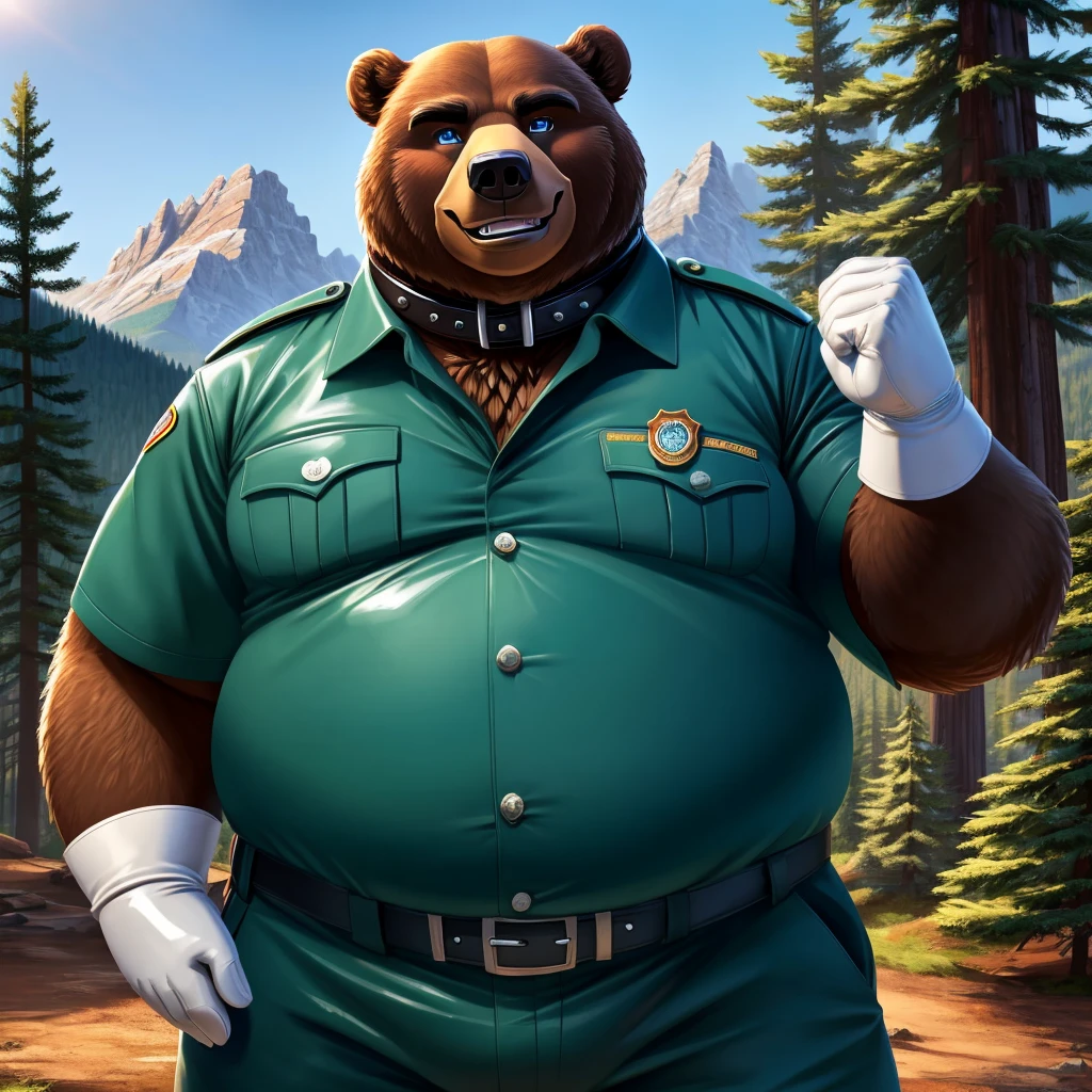 solo, full body, Male, fat, extremely obese, Bear, park ranger, trousers, outdoor, park ranger uniform, collared shirt with buttons, blue eyes, (soft shading), 4k, hi res, ((detailed face, detailed)), looking at viewer, evil grin, Bear is wearing the collared shirt and leather collar at the same time, Bear is wearing a glossy leather dog collar around the neck, Bear is wearing white rubber gloves on the hands, white rubber gloves on the feet, gloves are rubber in texture, leather collar is shiny, leather collar is extremely detailed, rubber gloves are glossy, Evergreen pine forest and mountains national park in the background, Environmental protection area.