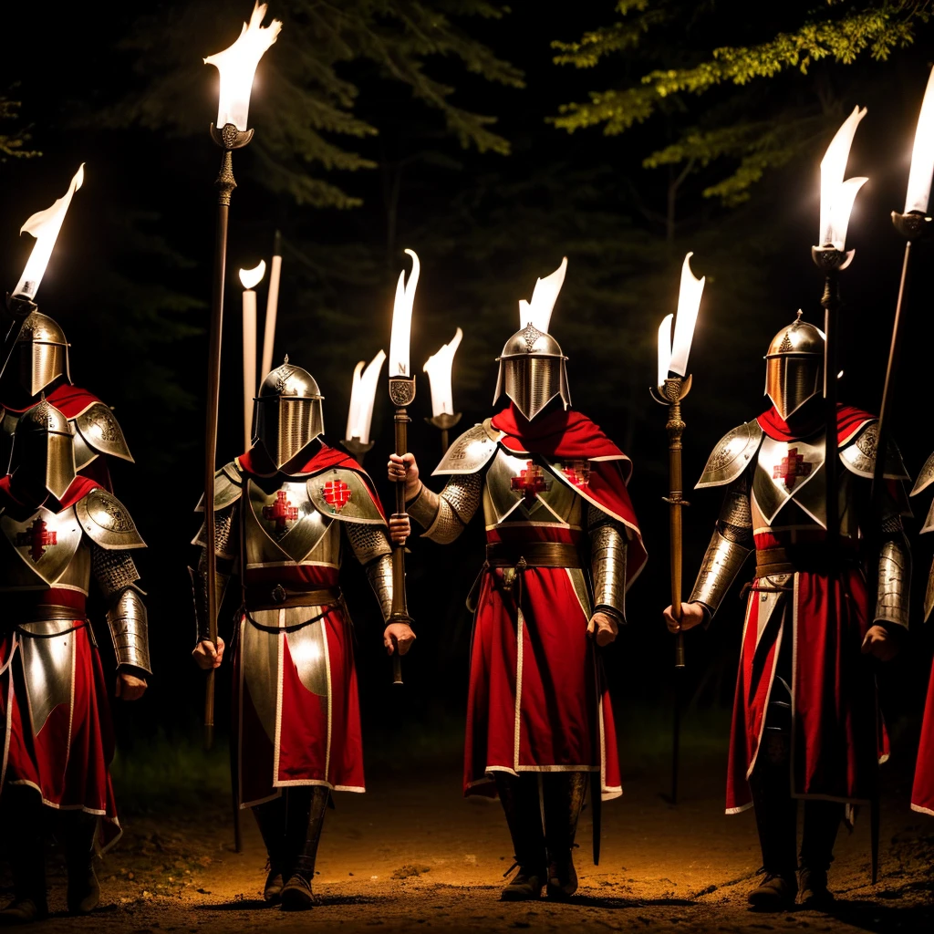 10 Templar Knights with steel armor on their arms, legs, head and chest and a logo on their chest in the shape of a white and red cross located in the forest at night, servants of Jesus, 2 carrying flags with an image of a red and white cross announcing the arrival of the Lord, the remaining 6 carrying torches lighting in the darkness and 2 raising their swords in the glory of God 