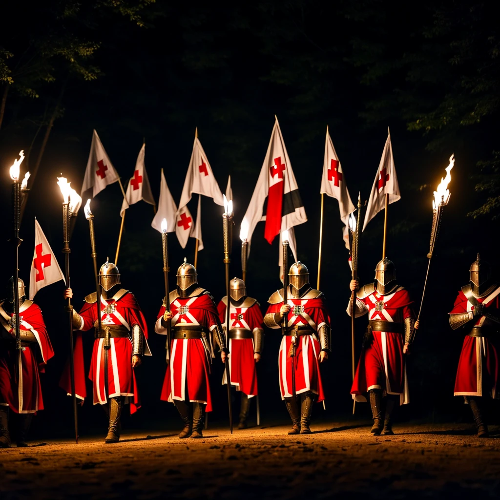 10 Templar Knights with steel armor on their arms, legs, head and chest and a logo on their chest in the shape of a white and red cross located in the forest at night, servants of Jesus, 2 carrying flags with an image of a red and white cross announcing the arrival of the Lord, the remaining 6 carrying torches lighting in the darkness and 2 raising their swords in the glory of God