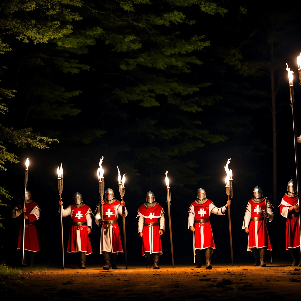 10 Templar Knights with steel armor on their arms, legs, head and chest and a logo on their chest in the shape of a white and red cross located in the forest at night, servants of Jesus, 2 carrying flags with an image of a red and white cross announcing the arrival of the Lord, the remaining 6 carrying torches lighting in the darkness and 2 raising their swords in the glory of God