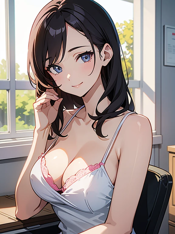 Woman sitting on chair in front of window,office,sitting in front of a computer, A charming office lady, 28 years old,Slender figure,White blouse,clavicle,Cleavage,Pink Bra,detailed digital anime art, Charming smile, Portrait, 4K ,