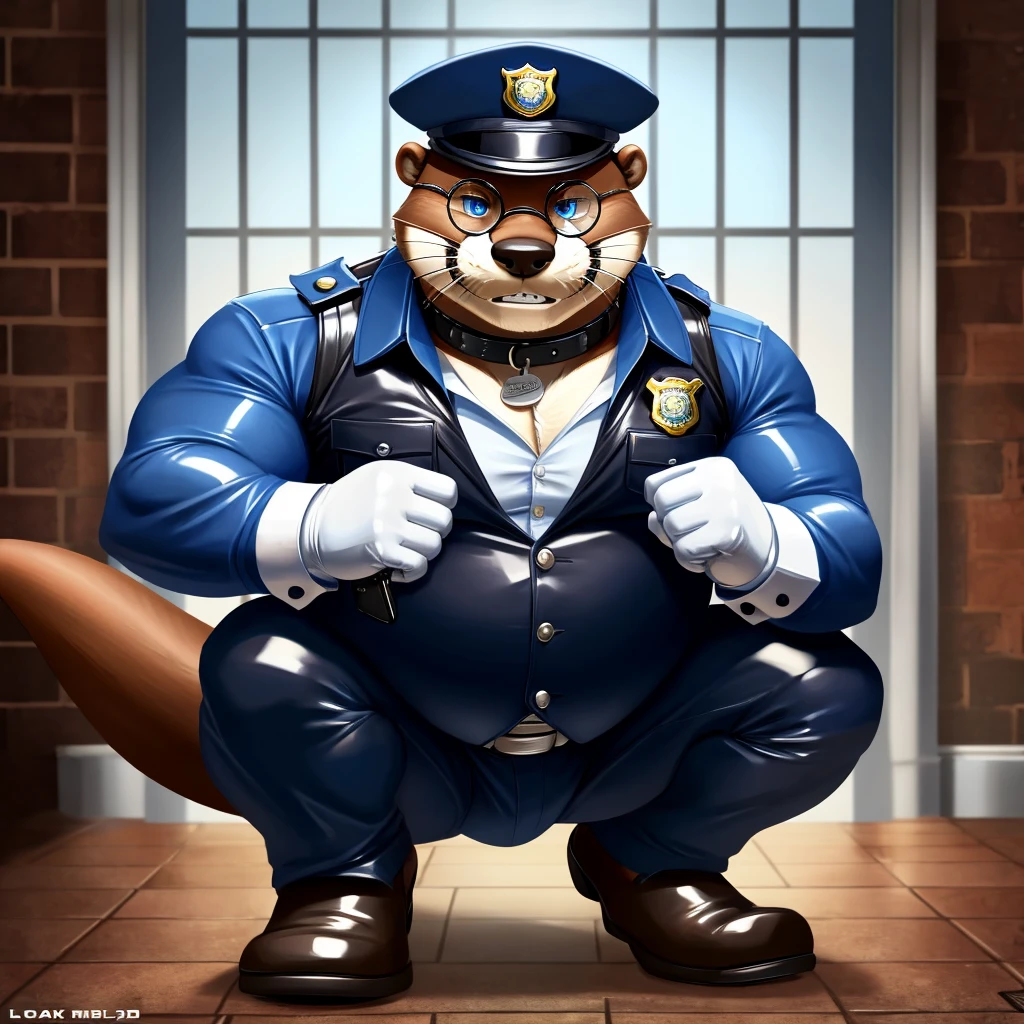 Solo, Male, fat, squatting, extremely obese, gentleman, dapper Otter, blue eyes, (soft shading), 4k, hi res, ((detailed face, detailed)), looking at viewer, evil grin, police station, collared shirt with buttons, hat, male focus, Police Uniform, glasses, monocle, vest with buttons, sleeves rolled up, round eyewear, headwear, vest, Otter is wearing a glossy leather dog collar around the neck, Otter is wearing the leather collar and shirt and vest at the same time, Otter is wearing glossy white rubber gloves on the hands, wearing white rubber gloves on the feet, Otter is wearing glossy white cuffs around the wrists with cufflinks, gloves are rubber in texture, clenching teeth, clenching fists, leather collar is glossy and shiny with a lot of detail, Otter is wearing gloves and cuffs and cufflinks at the same time, leather collar has a round dog-tag, leather collar is thick and detailed.