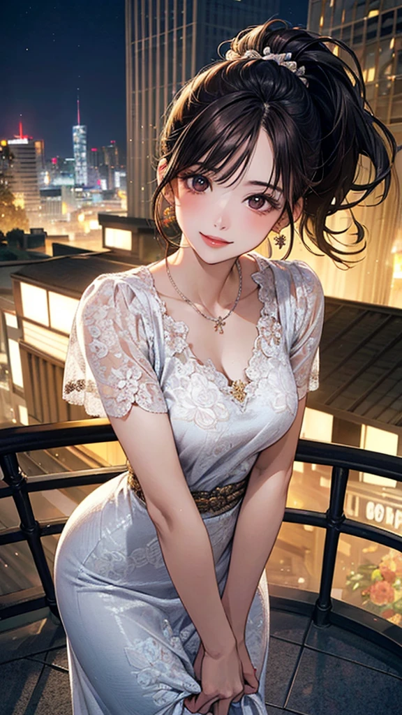 (masterpiece:1.2, Highest quality), (Realistic, photoRealistic:1.4), Beautiful illustrations, (Natural Side Lighting, Cinema Lighting), Browsing Caution,
View your viewers, 1 Girl, Japanese, Beauty、30 years old, Perfect Face, Cute and symmetrical face, Shiny skin, (Perfect Anatomy, Anatomically correct, Highly detailed skin)、
(Medium Hair, Black Hair、ponytail), Swept-apart bangs, Dark brown eyes, Droopy eyes, Long eyelashes, (Large Breasts:0.7), Slim body,
Beautiful Hair, Beautiful Face, Beautiful attention to detail, Beautiful clavicle, Beautiful body, Beautiful breasts, Beautiful thighs, Beautiful feet, Beautiful fingers,
(Floral long dress), Sandals、Earrings:0.2、necklace:0.5、
(Beautiful views), (night), (city, cityscape in the distance), Are standing, 優しいsmile、(smile, Lips parted),