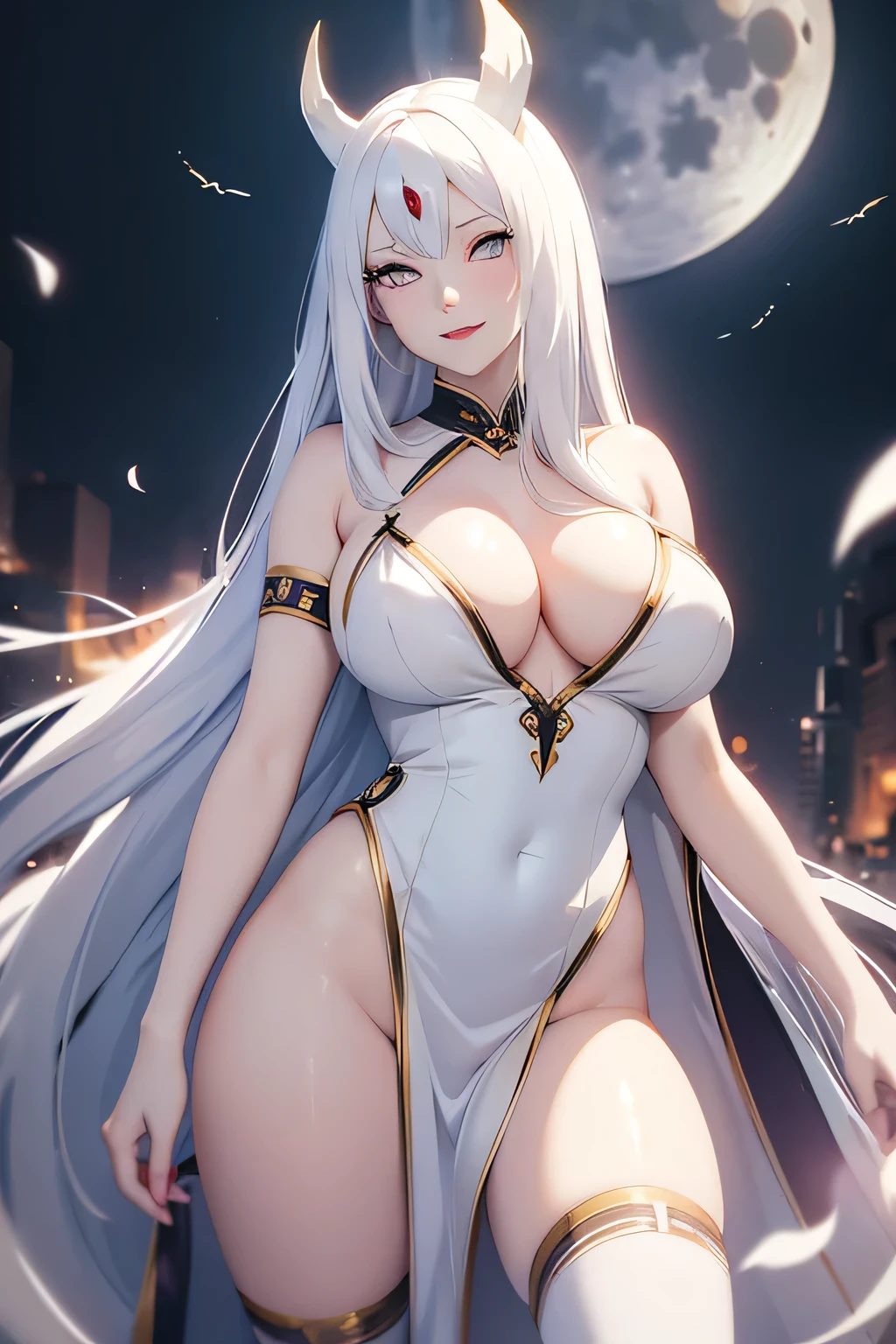 shoulder-length white hair, horns, light effect, soft, super clear, high-definition picture, (front), masterpiece, thigh cleavage, cinematic lighting, Kaguya Otsusuki, white colorless eyes, no pupils, 1girl, solo, groin, looking at viewer, bigbreasts, smile, large breast, open shoulder, gold-white long dress, background moon color red