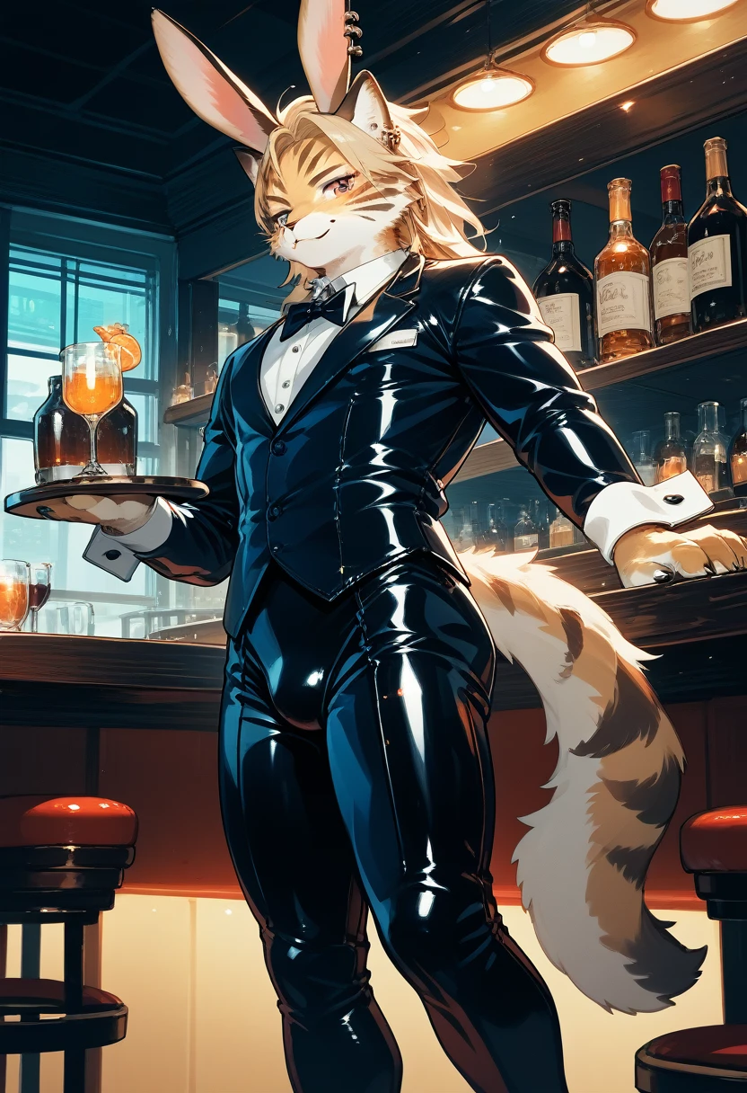 Highest quality, Highest quality, High quality illustrations, masterpiece, Ultra-high resolution, Detailed Background, bartender, bar, Shisha, Absurd, Perfect Anatomy, Performance, Good lighting, Shadows in the movie(kemono, Furry Personification)Dynamic Angle, Rubber suit, ラbarスーツ, latex, Earrings, Bunny Suit, Cat, male