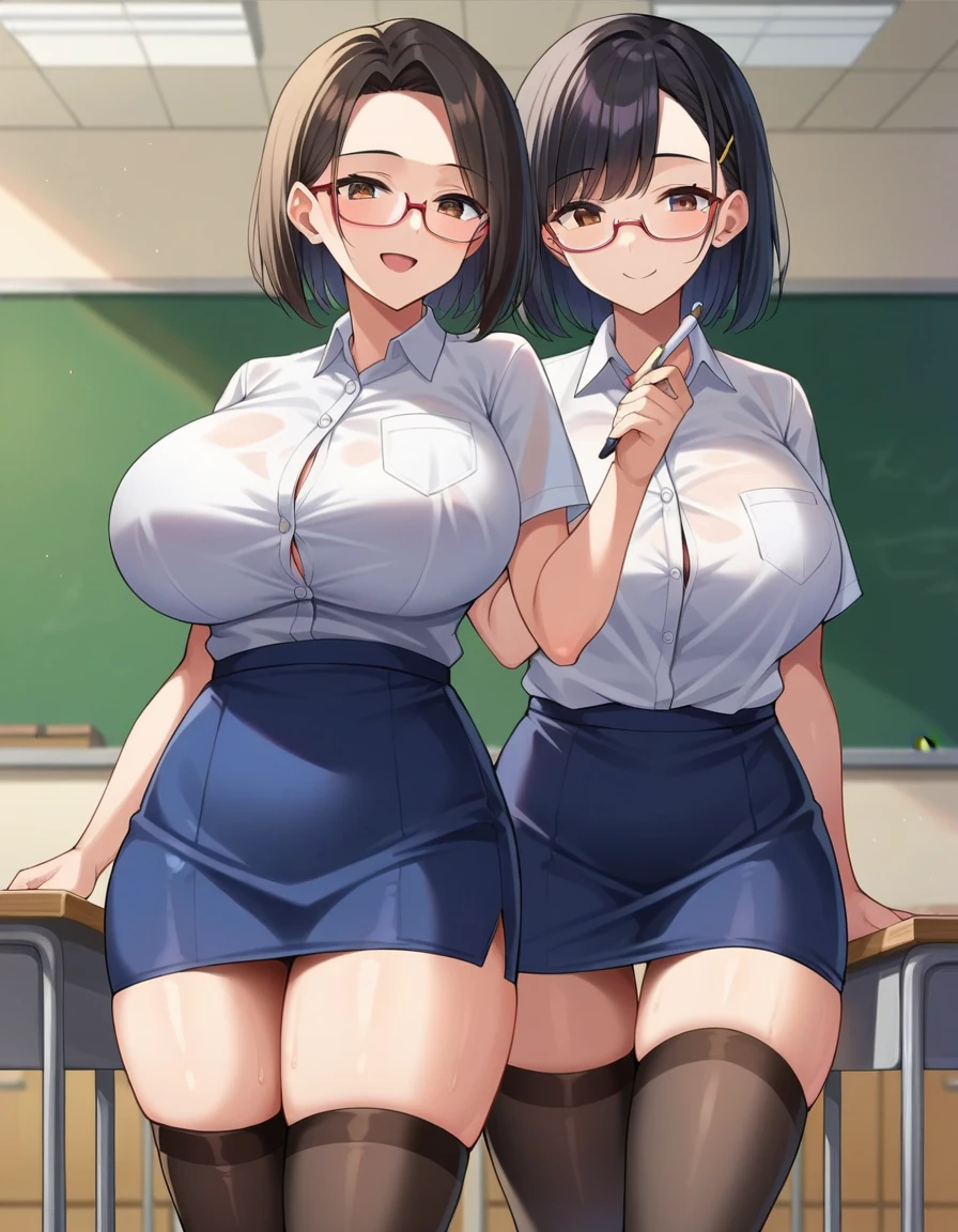 score_9, score_8_up, score_7_up, score_6_up, score_5_up, score_4_up, BREAK, source_anime, anime screencap, anime coloring, a stiff-looking beautiful female teacher, detailed beautiful big brown eyes, huge breasts, 36 years old, milf, black hair, skinny, One length medium bob hair, asymmetry_bangs, forehead, hair behind ear, Wears glasses, white shirts, short sleeves, black micro skirt, skintight, zettai ryouiki thighhighs, teaching in front of the blackboard, holding a chalk and a textbook, smile, classroom, thigh gap, many students
