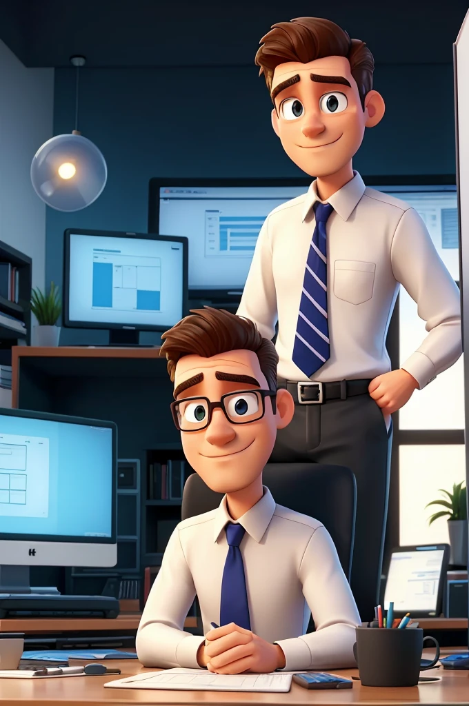 Create a professional man, working on a project! In front of a computer screen, he is planning a Lean Management planning framework! On the computer screen, The phased structure of your Lean Management project should appear! Add a goatee to the one sitting!